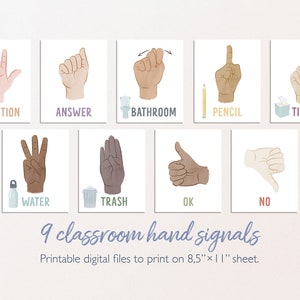 Peut inclure: Neuf cartes de signalisation manuelle pour la classe imprimables avec des illustrations aquarelle de mains dans diff&eacute;rentes poses de langue des signes. Chaque carte comprend un mot correspondant, tel que "question", "r&eacute;ponse", "toilettes", "crayon", "mouchoir", "eau", "poubelle", "ok" et "non".
