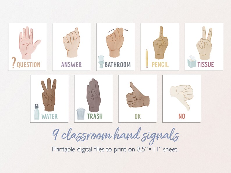 Peut inclure: Neuf cartes de signalisation manuelle pour la classe imprimables avec des illustrations aquarelle de mains dans diff&eacute;rentes poses de langue des signes. Chaque carte comprend un mot correspondant, tel que "question", "r&eacute;ponse", "toilettes", "crayon", "mouchoir", "eau", "poubelle", "ok" et "non".