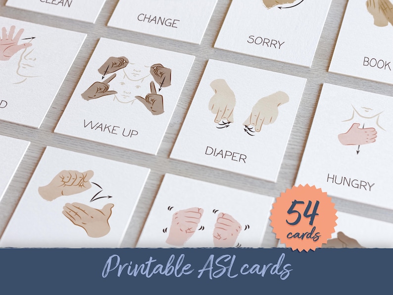 May include: A set of 54 printable American Sign Language (ASL) cards featuring illustrations of hand signs and the corresponding English word. The cards are designed for learning and practicing ASL.