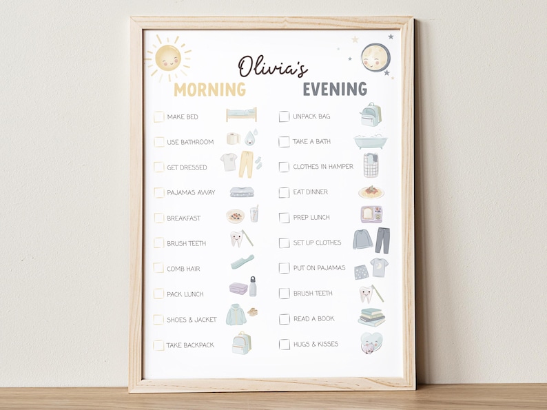 May include: A framed daily routine chart for "Olivia's" morning and evening activities. The chart includes illustrations and text for tasks like "Make Bed," "Brush Teeth," and "Read a Book." The design features a sun and moon.