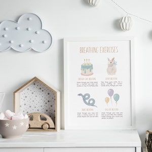 May include: A printable poster with illustrations of a birthday cake, bunny, snake, and balloons. The poster includes instructions for four breathing exercises: Birthday Cake Breathing, Bunny Breathing, Snake Breathing, and Balloon Breathing.