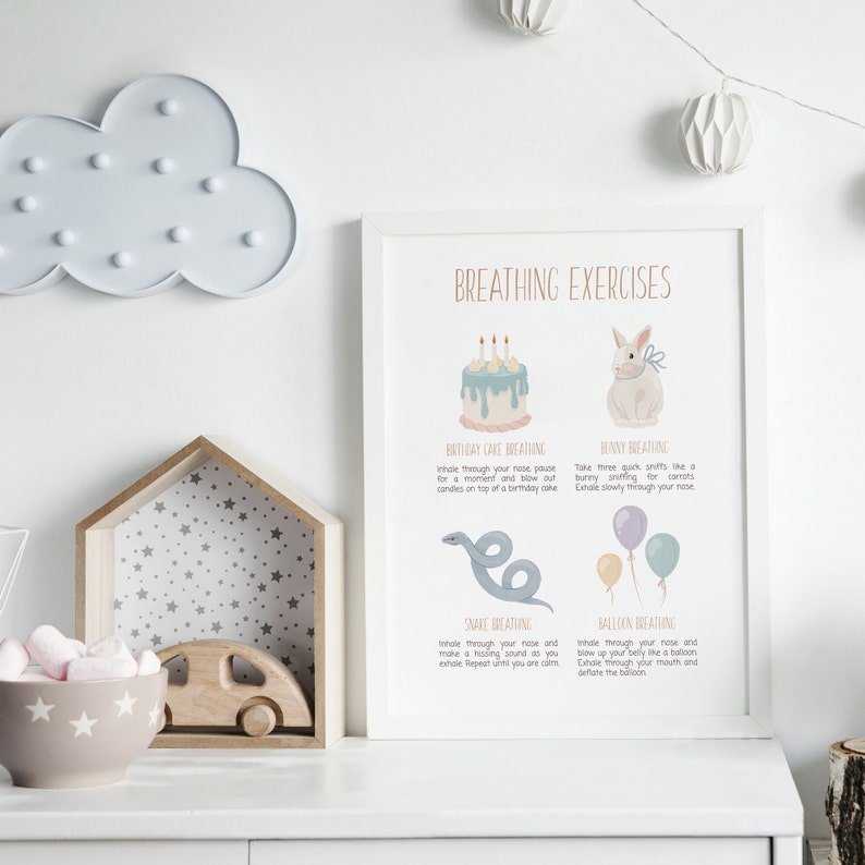 May include: A printable poster with illustrations of a birthday cake, bunny, snake, and balloons. The poster includes instructions for four breathing exercises: Birthday Cake Breathing, Bunny Breathing, Snake Breathing, and Balloon Breathing.