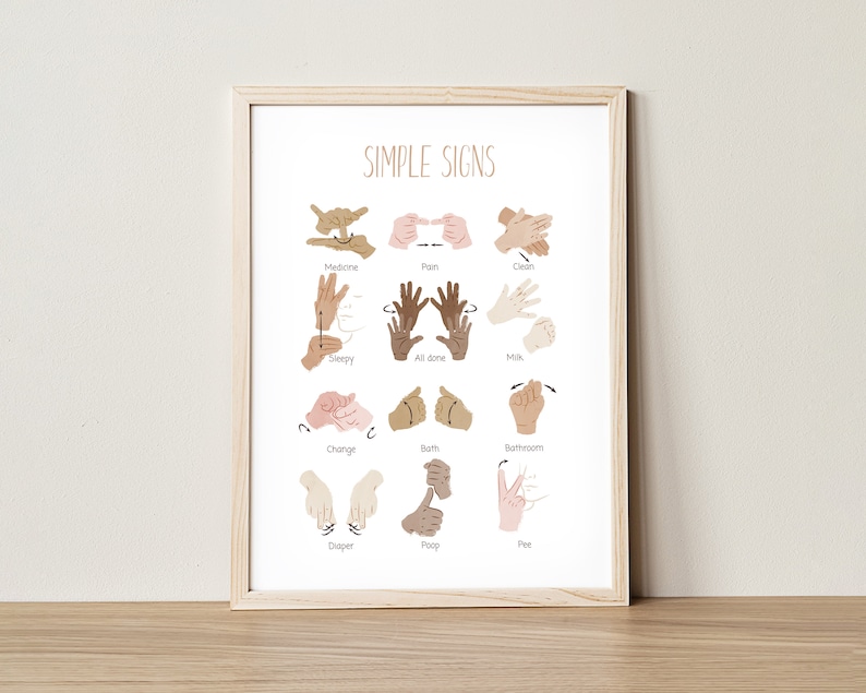May include: A printable poster with illustrations of hand signs for common baby needs, such as "milk", "change", "diaper", and "sleep". The poster has a light brown background and the text "SIMPLE SIGNS" at the top.