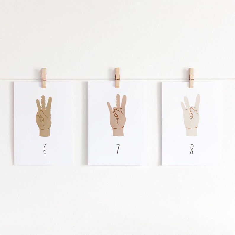 May include: Three cards with hand gestures, each card has a different skin tone. The cards are numbered 6, 7, and 8.