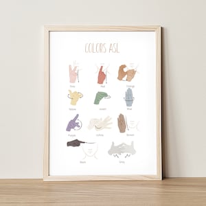 May include: A printable poster with illustrations of hand signs for different colors in American Sign Language (ASL). The colors included are pink, red, orange, yellow, green, blue, purple, white, brown, black, and gray.