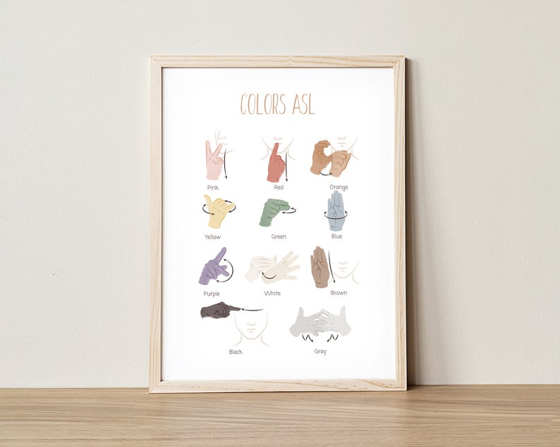May include: A printable poster with illustrations of hand signs for different colors in American Sign Language (ASL). The colors included are pink, red, orange, yellow, green, blue, purple, white, brown, black, and gray.