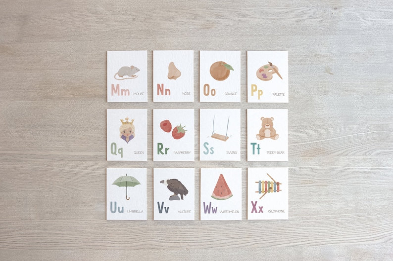 May include: A set of 26 alphabet flash cards with colorful illustrations and corresponding words. The cards feature a mouse, nose, orange, palette, queen, raspberry, swing, teddy bear, umbrella, vulture, watermelon, and xylophone.
