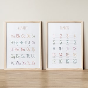 Rainbow Alphabet Poster, ABC Print, Numbers Educational Wall Art, Handschrift Grafiek Print, Montessori Materiaal, Preschool Printable, DIGITAAL