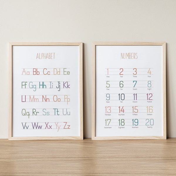 Rainbow Alphabet Poster, ABC Print, Numbers Educational Wall Art, Handwriting Chart Print, Montessori Material, Preschool Printable, DIGITAL