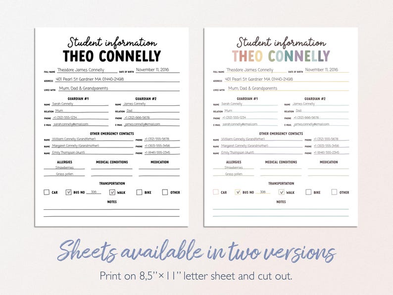 May include: Two student information sheets with the name "THEO CONNELLY" are displayed. One is in black and white, the other in pastel colors. The sheets include fields for full name, address, guardians, and emergency contacts. The text "Sheets available in two versions" is at the bottom.