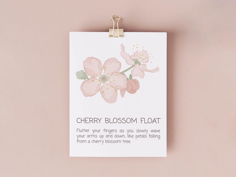 K&ouml;nnte beinhalten: Eine druckbare Karte mit einer Illustration einer rosa Kirschbl&uuml;te und dem Text "CHERRY BLOSSOM FLOAT Flutter your fingers as you slowly wave your arms up and down, like petals falling from a cherry blossom tree."