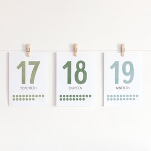 Puede incluir: Tres tarjetas blancas con n&uacute;meros verdes y azules en ellas, colgadas de una cuerda con pinzas para la ropa. Los n&uacute;meros son 17, 18 y 19. Las palabras "Diecisiete", "Dieciocho" y "Diecinueve" est&aacute;n escritas debajo de los n&uacute;meros. Cada tarjeta tiene una fila de puntos verdes o azules.