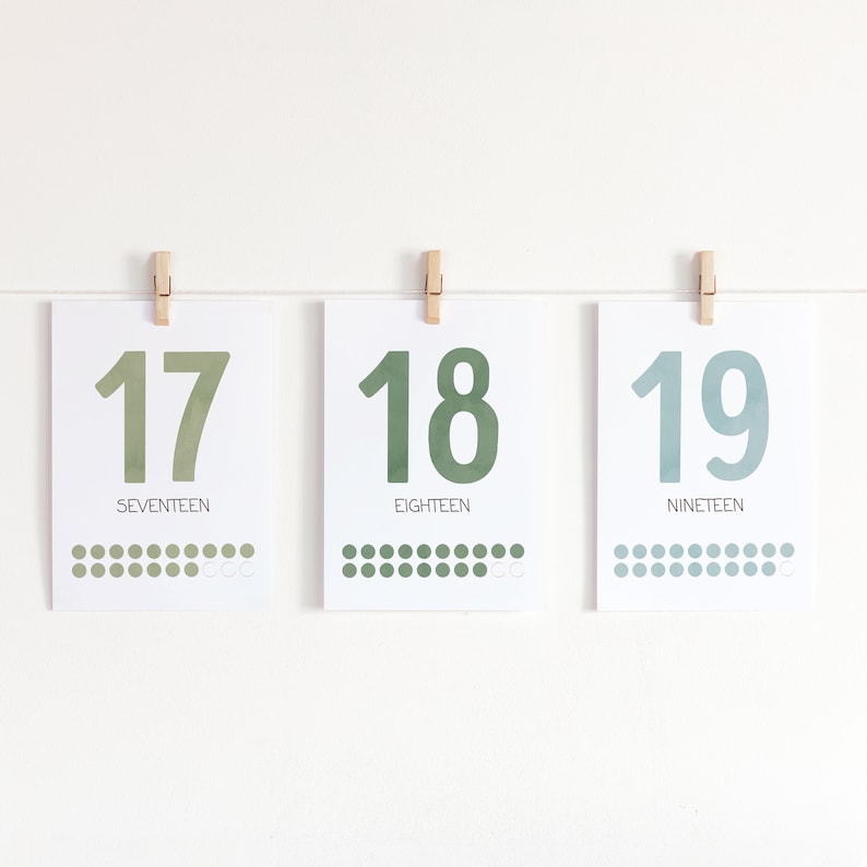 Puede incluir: Tres tarjetas blancas con n&uacute;meros verdes y azules en ellas, colgadas de una cuerda con pinzas para la ropa. Los n&uacute;meros son 17, 18 y 19. Las palabras "Diecisiete", "Dieciocho" y "Diecinueve" est&aacute;n escritas debajo de los n&uacute;meros. Cada tarjeta tiene una fila de puntos verdes o azules.
