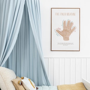 May include: A light blue canopy bed with a white headboard and a yellow blanket. A framed poster with the text "Five Finger Breathing" and a diagram of a hand with arrows showing the direction of breath is on the wall.
