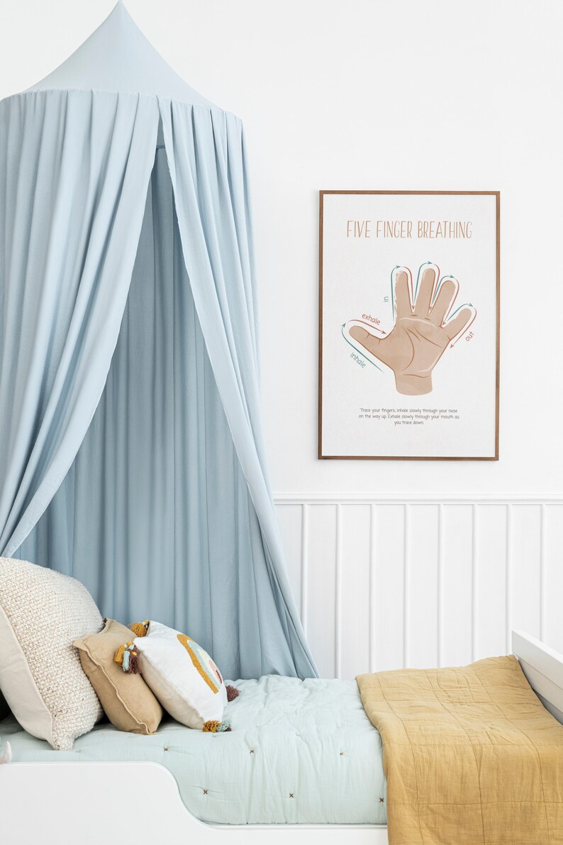 May include: A light blue canopy bed with a white headboard and a yellow blanket. A framed poster with the text "Five Finger Breathing" and a diagram of a hand with arrows showing the direction of breath is on the wall.