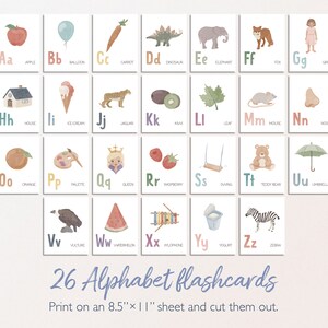 May include: 26 alphabet flashcards with colorful illustrations of objects starting with each letter. The flashcards are printed on an 8.5 x 11 inch sheet and can be cut out.