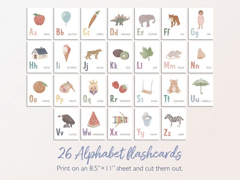 May include: 26 alphabet flashcards with colorful illustrations of objects starting with each letter. The flashcards are printed on an 8.5 x 11 inch sheet and can be cut out.