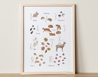 May include: A colourful educational poster with illustrations of woodland animals and objects, numbered 1 through 10. The poster includes a rabbit, hedgehogs, mushrooms, fox tracks, foxes, eggs, leaves, deer, acorns, and ladybugs.