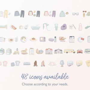 May include: An illustration featuring 48 icons of various objects and clothing items, including a bed, clothing, food, and a school bus. The text at the bottom reads "48 icons available. Choose according to your needs."