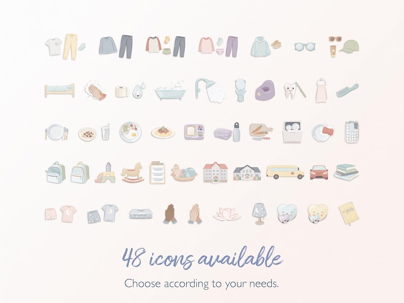 May include: An illustration featuring 48 icons of various objects and clothing items, including a bed, clothing, food, and a school bus. The text at the bottom reads "48 icons available. Choose according to your needs."