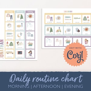 Gráfico de rutina para niños editable, rutina matutina, rutina para dormir para niños pequeños, levantarse y brillar, dulces sueños, gráfico de tareas, horario visual, DIGITAL