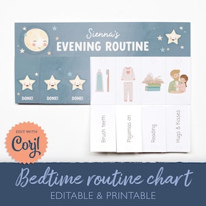 Tabla de rutina nocturna editable, planificación de la rutina de dormir para niños pequeños, rotafolio para niños, horario visual nocturno, imprimible y plegable, digital