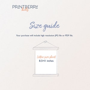 May include: A size guide for printable art, showing a letter-sized sheet measuring 8.5 x 11 inches. The text "PRINTBERRY kids" and "Size guide" is also visible.