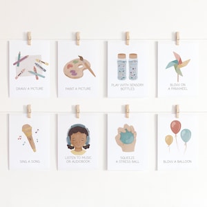 May include: Eight printable cards with colorful illustrations and text. The cards feature activities like drawing, painting, playing with sensory bottles, blowing on a pinwheel, singing a song, listening to music or an audiobook, squeezing a stress ball, and blowing a balloon.