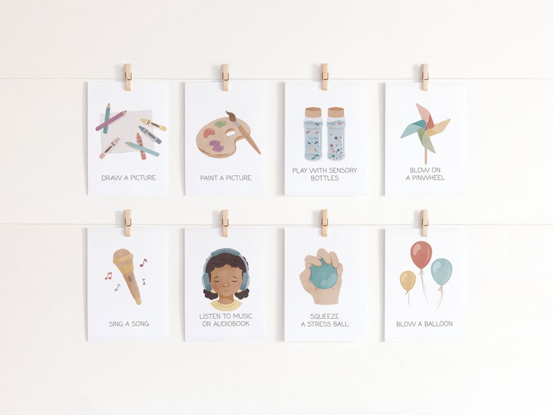 May include: Eight printable cards with colorful illustrations and text. The cards feature activities like drawing, painting, playing with sensory bottles, blowing on a pinwheel, singing a song, listening to music or an audiobook, squeezing a stress ball, and blowing a balloon.