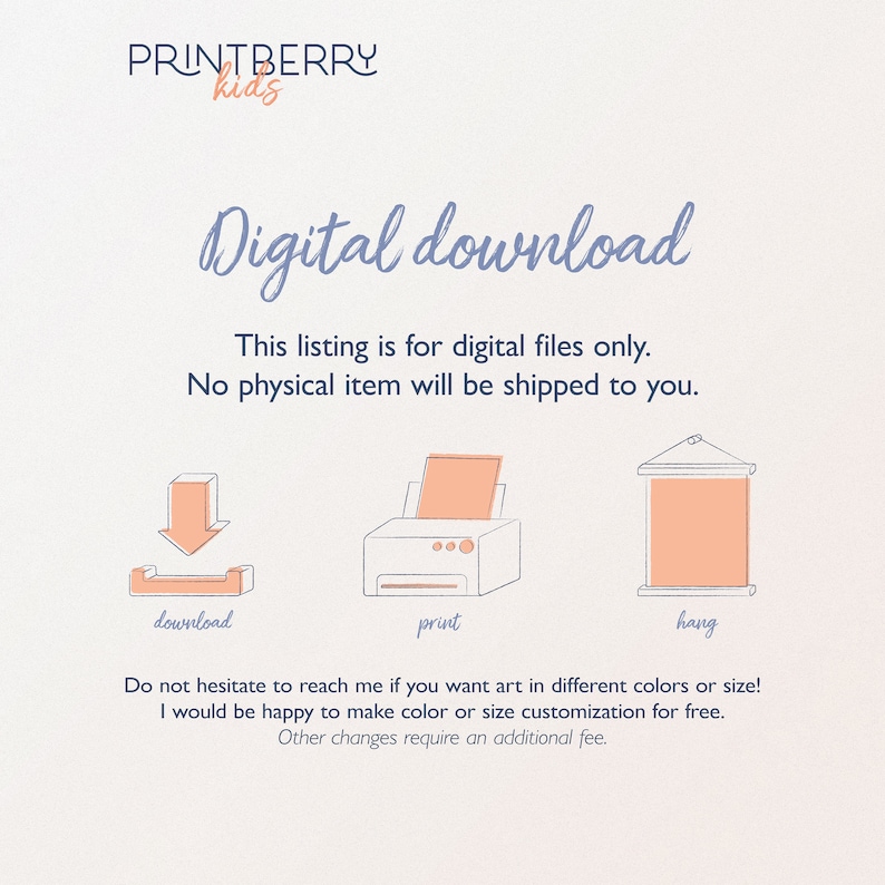 May include: Digital download graphic with a download icon, a printer icon, and a hanging icon. The text reads "Digital download" and "This listing is for digital files only. No physical item will be shipped to you."