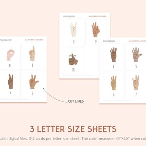 May include: Three printable sheets of American Sign Language (ASL) number flashcards. Each sheet features four cards with illustrations of hands forming the numbers 0-10. The cards are designed to be cut out and measure 3.5 inches by 4.5 inches.