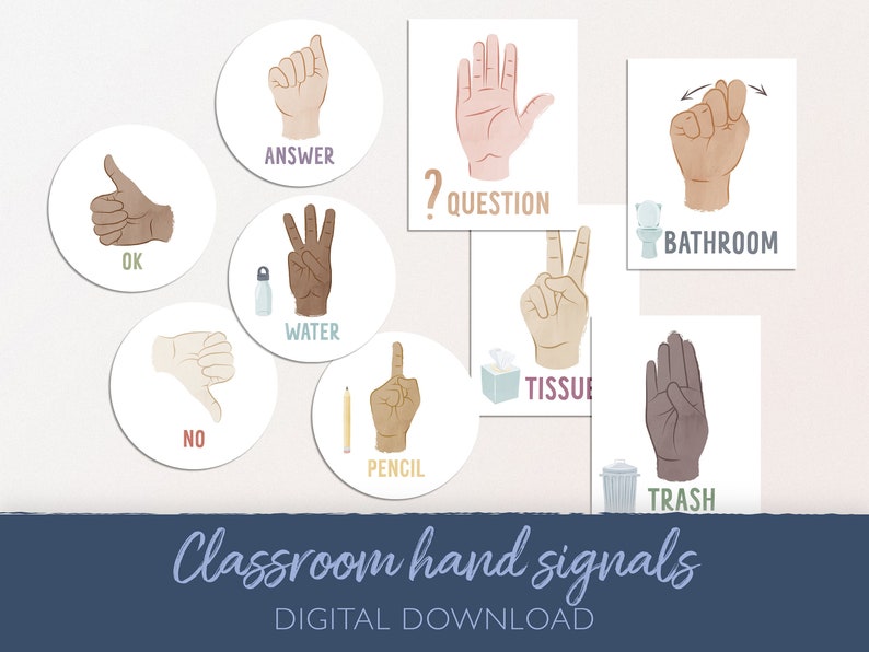 Peut inclure: Signaux manuels de classe pour les &eacute;l&egrave;ves &agrave; utiliser pour des demandes courantes comme "eau", "toilettes", "mouchoirs" et "poubelles". Les signes sont illustr&eacute;s par des dessins aquarelle color&eacute;s de mains.