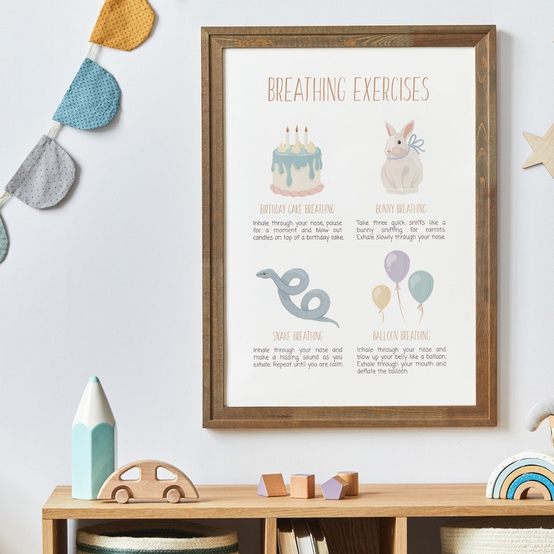 May include: A printable poster with illustrations of a birthday cake, a bunny, a snake, and a balloon. The poster includes instructions for four different breathing exercises: Birthday Cake Breathing, Bunny Breathing, Snake Breathing, and Balloon Breathing.