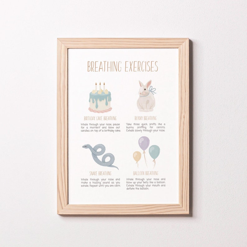 May include: A printable poster with illustrations of a birthday cake, bunny, snake, and balloon. The poster includes instructions for four different breathing exercises: Birthday Cake Breathing, Bunny Breathing, Snake Breathing, and Balloon Breathing.