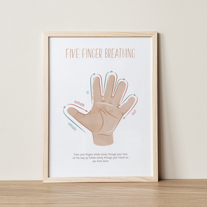 May include: A printable poster with a light brown background and a hand with five fingers. The fingers are outlined in blue and pink, with arrows showing the direction to trace for breathing exercises. The text "FIVE FINGER BREATHING" is at the top of the poster. The text below the hand reads "Trace your fingers, inhale slowly through your nose on the way up Exhale slowly through your mouth as you trace down."