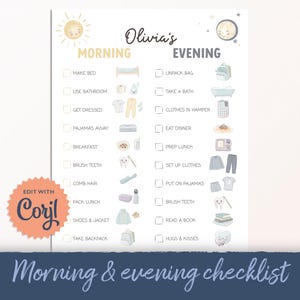 Puede incluir: Una lista de verificación imprimible de mañana y tarde con una ilustración de sol y luna. La lista incluye tareas como "Hacer la cama", "Cepillarse los dientes" y "Leer un libro". El texto "Olivia's" está en la parte superior, con "Morning & evening checklist" en la parte inferior.