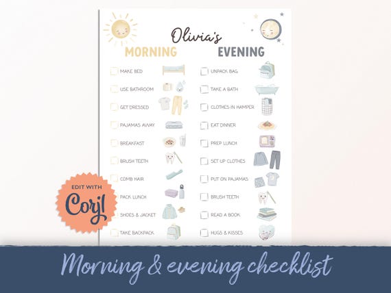 Editable Kids Routine Chart: Morning & Bedtime Checklist (Digital Download)