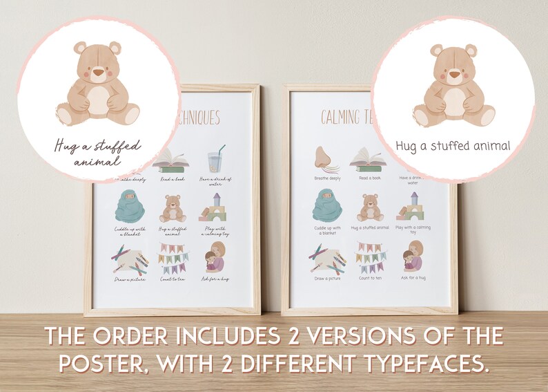 May include: Two printable posters with calming techniques for children. The posters feature illustrations of a teddy bear, a book, a glass of water, a blanket, and a child playing with a toy. The text on the posters reads "Calming Techniques" and "Hug a stuffed animal".