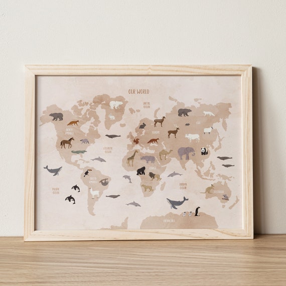 Animal World Map Poster: Educational Nursery Art (Digital Download)