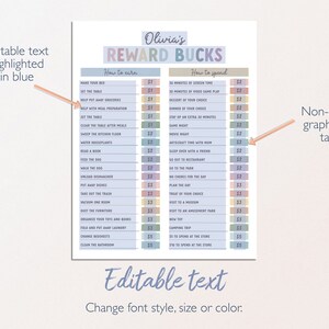 May include: A printable chart titled "Olivia's Reward Bucks" with a pastel color scheme. The chart is divided into two columns: "How to Earn" and "How to Spend".  The left column lists chores and tasks that can be completed to earn reward bucks, while the right column lists activities and items that can be purchased with reward bucks.