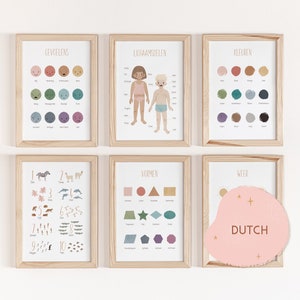 Niederländisches Set 6 Lernposter, ABC Poster, Montessori, Gefühle Poster, Formen, Anatomie Poster, Klassenzimmer Dekor Bundle, Spielzimmer Dekor