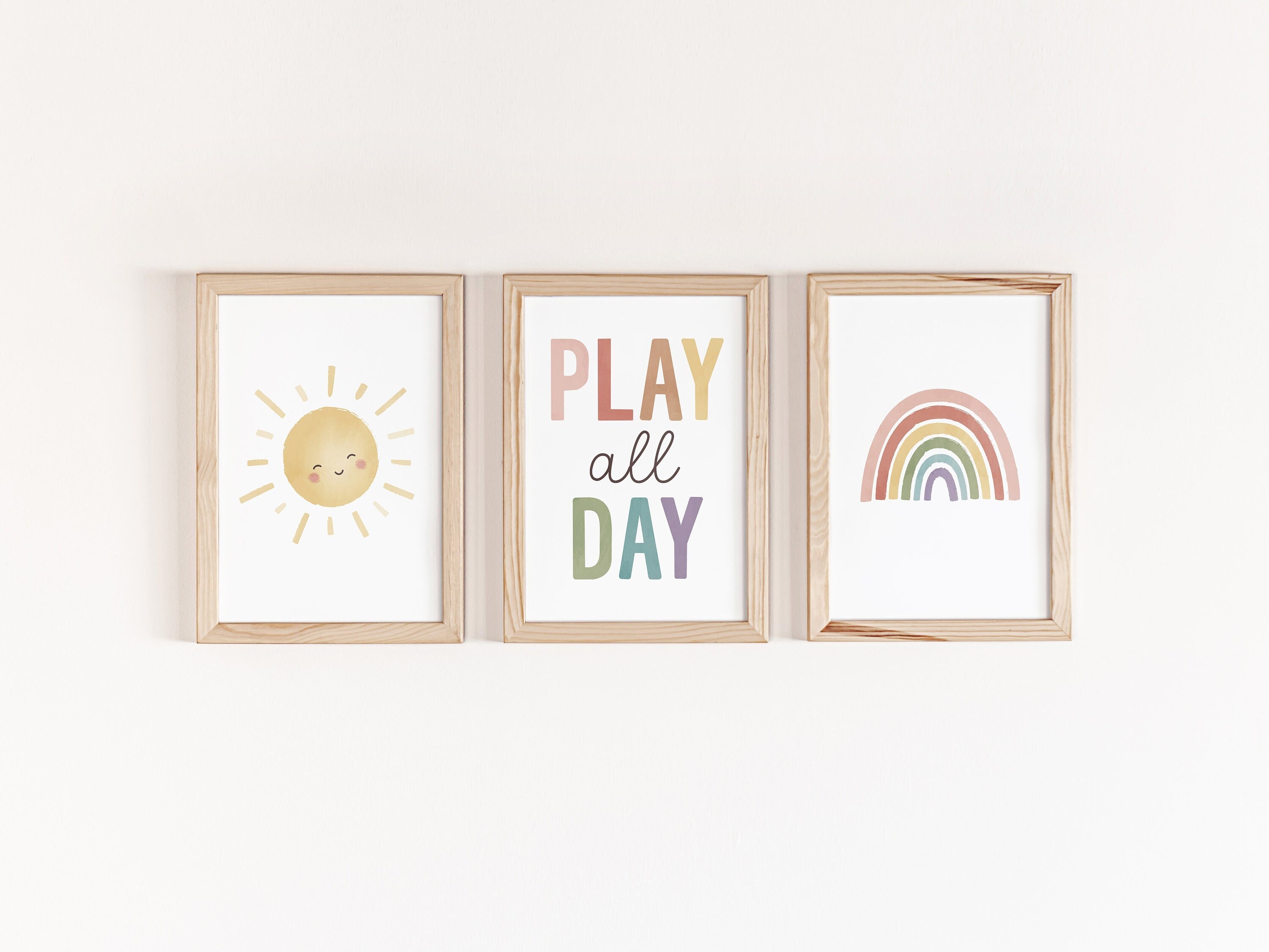 Play All Day Sign, 3 Piece Wall Art, Sun & Rainbow Print, Lets Play, Playroom Wall Decor, Scandinavian Poster, Kids Room Decor, DIGITAL