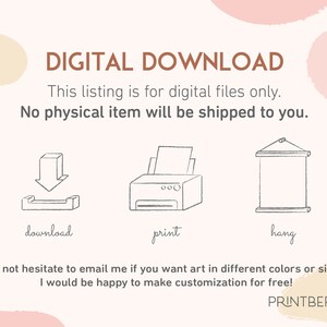 K&ouml;nnte beinhalten: Grafik f&uuml;r digitalen Download mit Symbolen zum Herunterladen, Drucken und Aufh&auml;ngen. Der Text lautet "DIGITALER DOWNLOAD Dieses Angebot gilt nur f&uuml;r digitale Dateien. Es wird kein physischer Artikel an Sie versandt. Z&ouml;gern Sie nicht, mich per E-Mail zu kontaktieren, wenn Sie Kunstwerke in verschiedenen Farben oder Gr&ouml;&szlig;en w&uuml;nschen. Ich erstelle gerne Anpassungen kostenlos! PRINTBERRY"