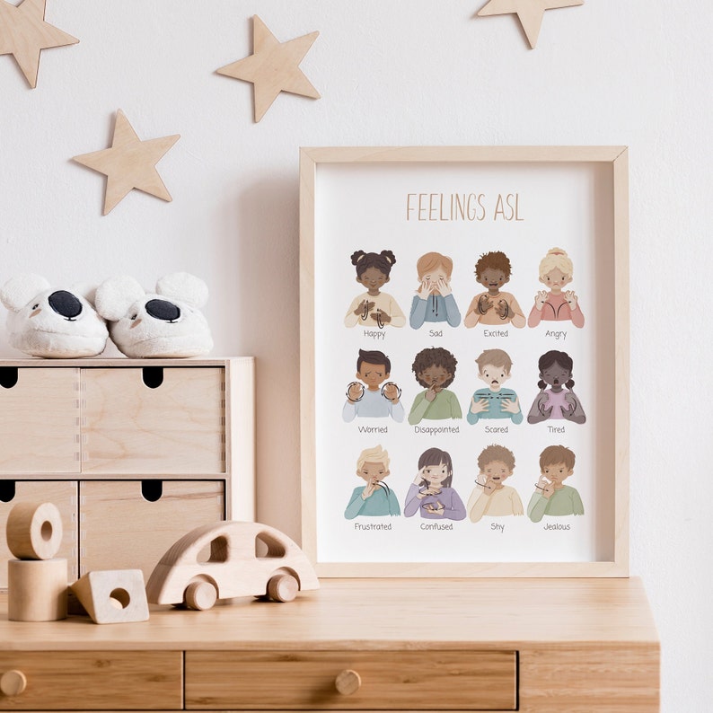 May include: A colorful poster with illustrations of people signing different emotions in American Sign Language (ASL). The poster is titled "Feelings ASL" and includes emotions like happy, sad, excited, angry, worried, disappointed, scared, tired, frustrated, confused, shy, and jealous.