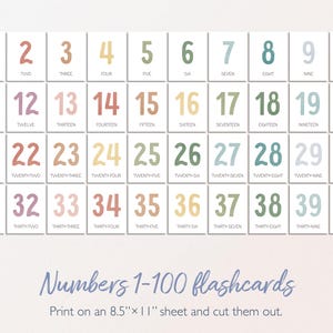 May include: A set of 40 colorful flashcards featuring numbers 1-40 with the corresponding number word written below each number. The flashcards are designed to help children learn to count and recognize numbers. The text at the bottom of the image reads "Numbers 1-100 flashcards Print on an 8.5"x11" sheet and cut them out."