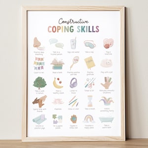 Op de afbeelding: Een afdrukbare poster met een regenboogkleurige achtergrond en illustraties van copingvaardigheden. De poster bevat de tekst "Constructieve copingvaardigheden" en somt verschillende copingvaardigheden op, zoals "Diep ademhalen oefenen", "Praten met een vertrouwd persoon", "Koud water drinken", "Een dutje doen", "Een geliefde omhelzen", "Tot tien tellen", "Een boek lezen", "Positieve zelfspraak oefenen", "Dankbaarheid oefenen", "Spelen met een huisdier", "Wandelen in de natuur", "Een gezonde snack eten", "Luisteren naar muziek", "Knutselen & doe-het-zelf", "Stressvolle situaties naspelen", "Tijd doorbrengen met vrienden", "Mediteren", "Tekenen of kleuren", "Een pauze nemen", "Iets grappigs kijken", "Rekken of yoga beoefenen", "Een puzzel maken", "Een stressbal knijpen", "Een gelukkige plek visualiseren", "Een warm bad nemen".