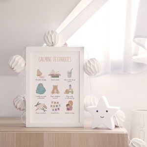 May include: A printable poster with calming techniques for children. The poster features illustrations of activities such as breathing deeply, reading a book, cuddling up with a blanket, hugging a stuffed animal, playing with a calming toy, drawing a picture, counting to ten, and asking for a hug.