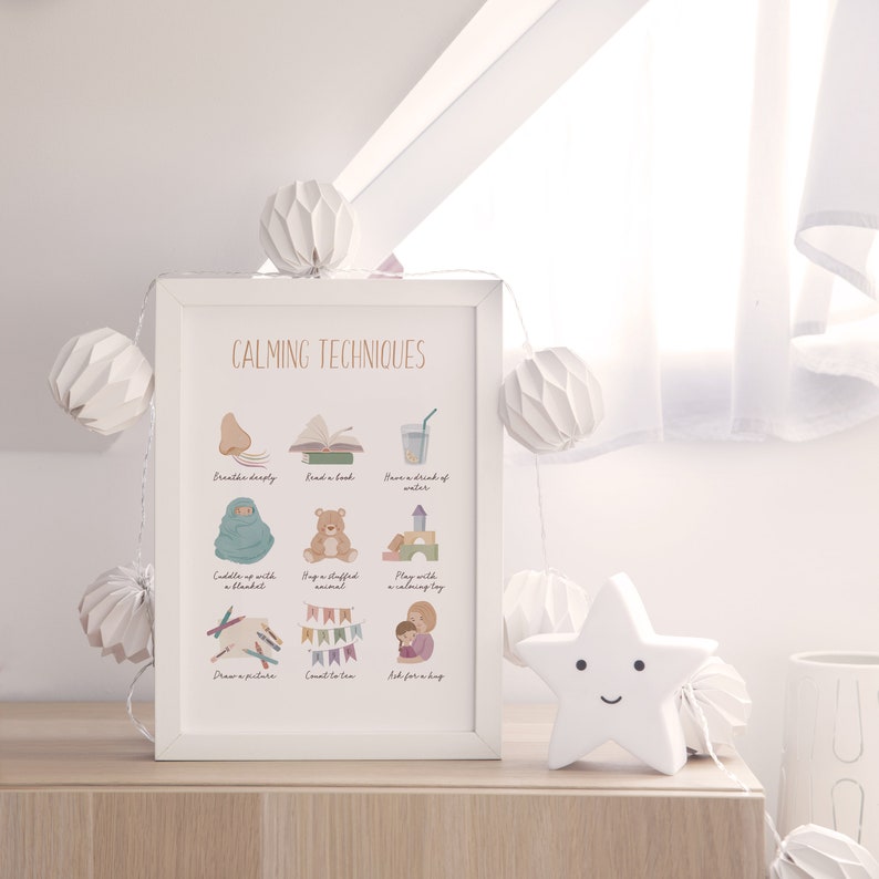 May include: A printable poster with calming techniques for children. The poster features illustrations of activities such as breathing deeply, reading a book, cuddling up with a blanket, hugging a stuffed animal, playing with a calming toy, drawing a picture, counting to ten, and asking for a hug.