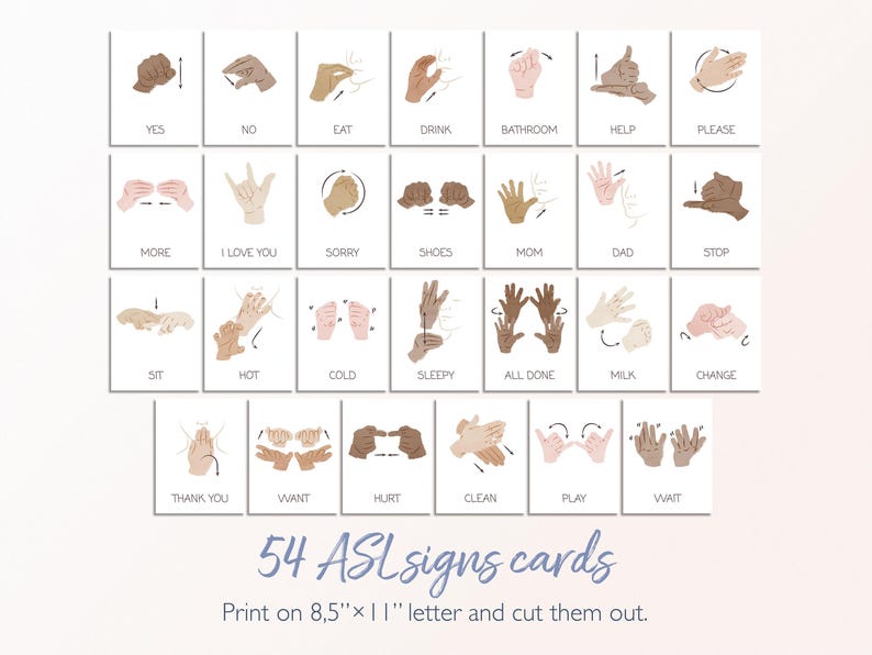 May include: A set of 54 printable cards featuring American Sign Language (ASL) signs. Each card shows a different sign with the corresponding word printed below. The cards are designed to be printed on 8.5 x 11 inch paper and cut out.
