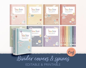 May include: A collection of printable teacher binder covers and spines in various pastel colors. Each binder cover features the text "Teacher binder" and decorative stickers. The image also includes the text "Binder covers & spines" and "EDITABLE & PRINTABLE".